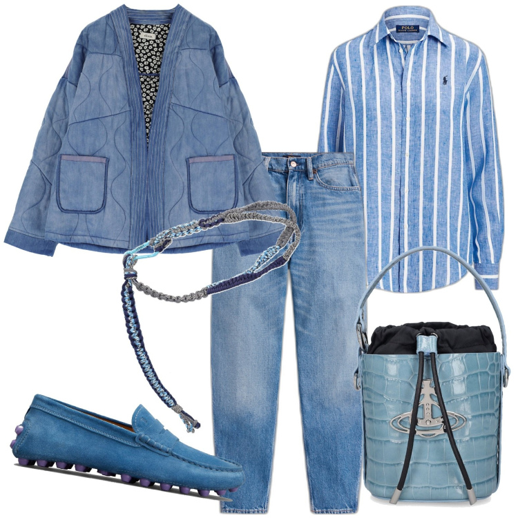 Outfit donna - Denim. Stile Casual per Tutti i giorni. Abbinamento con blazer, jeans, camicie, mocassini, borse a secchiello, cinture.