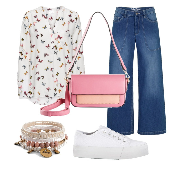 Outfit donna - Volano farfalle. Stile Casual per Serata fuori. Abbinamento con bluse, sneakers, braccialetti, jeans, borse a mano.