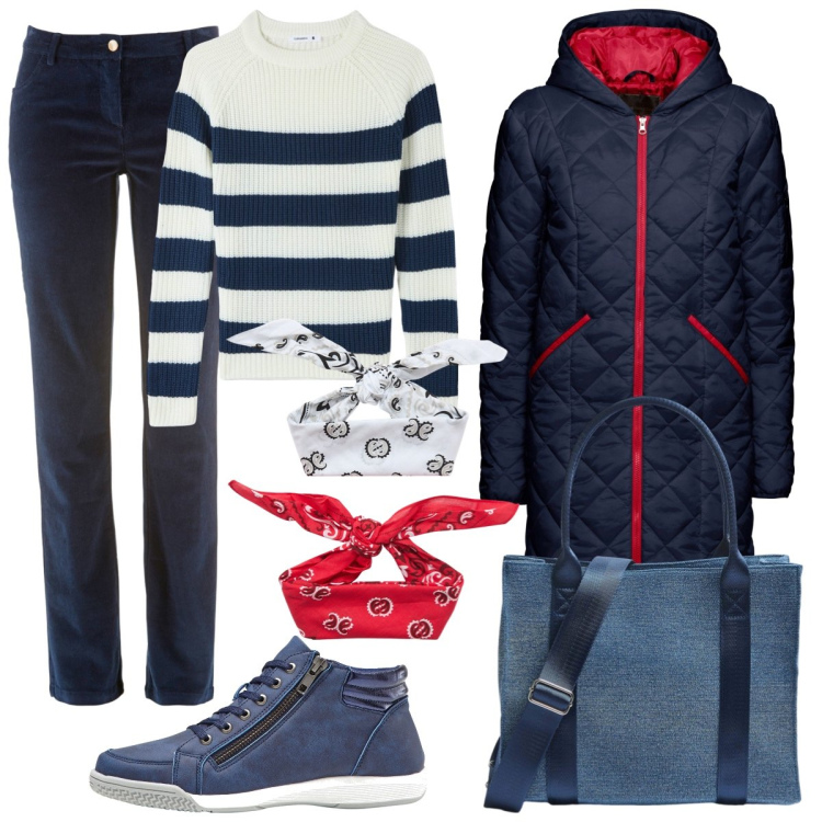 Outfit donna - Colori marinari. Stile Casual per Tutti i giorni. Abbinamento con blazer, pantaloni, sneakers alte, maglieria, shopping bag, fasce per capelli.