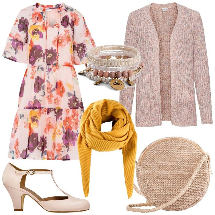 Outfit donna - Natural primavera. Stile Romantica per Serata fuori. Abbinamento con braccialetti, foulard, cardigans, vestiti, borse a tracolla, décolleté.