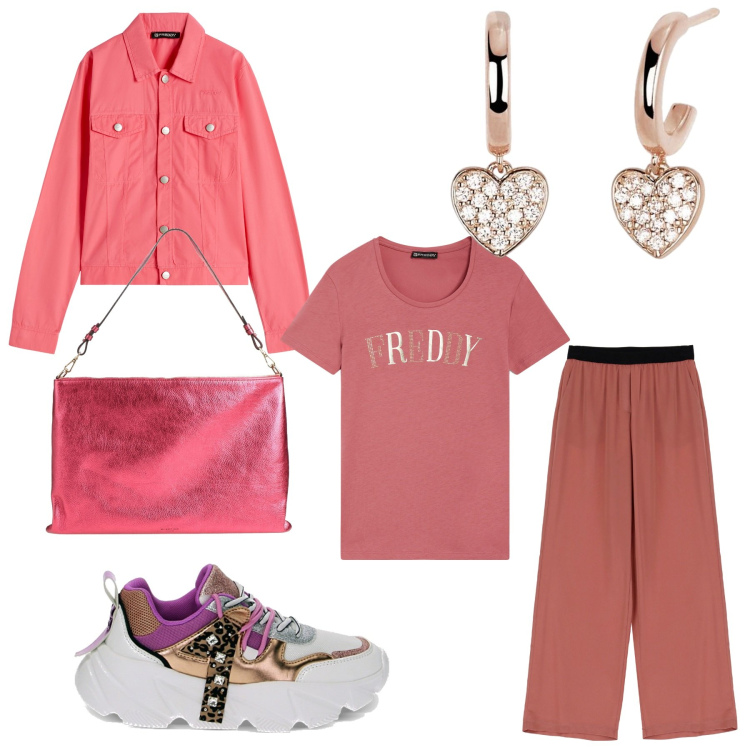 Outfit donna - Sfumature sporty chic. Stile Sporty chic per Tutti i giorni. Abbinamento con borse a spalla, orecchini, pantaloni a palazzo, blazer, t-shirt, sneakers.