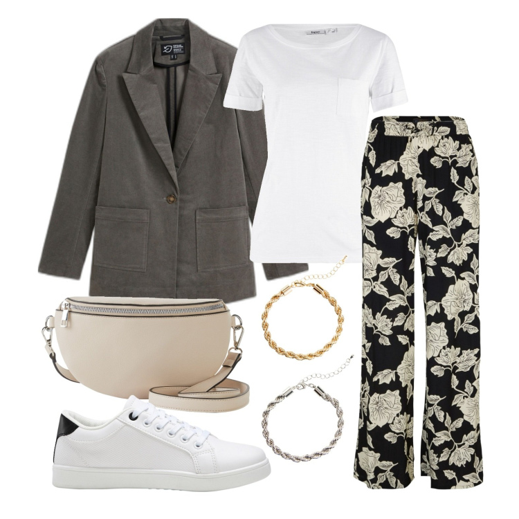 Outfit donna - Ghost outfitter - febbraio. Stile Casual per Serata fuori. Abbinamento con pantaloni a palazzo, t-shirt, blazer, sneakers, marsupi, braccialetti.