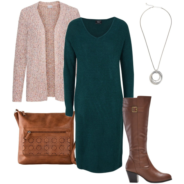 Outfit donna - Linee semplici. Stile Casual chic per Serata fuori. Abbinamento con borse a tracolla, cardigans, vestiti midi/longuette, stivali, collane.