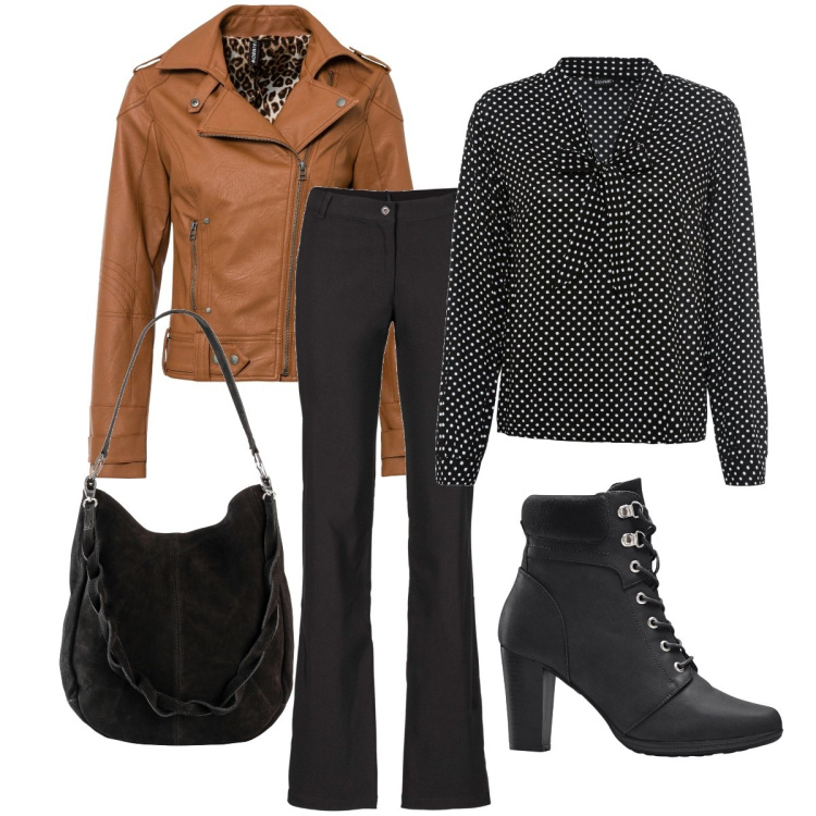 Outfit donna - La blusa a pois. Stile Casual chic per Serata fuori. Abbinamento con pantaloni, stivaletti, bluse, cappotti, borse a mano.