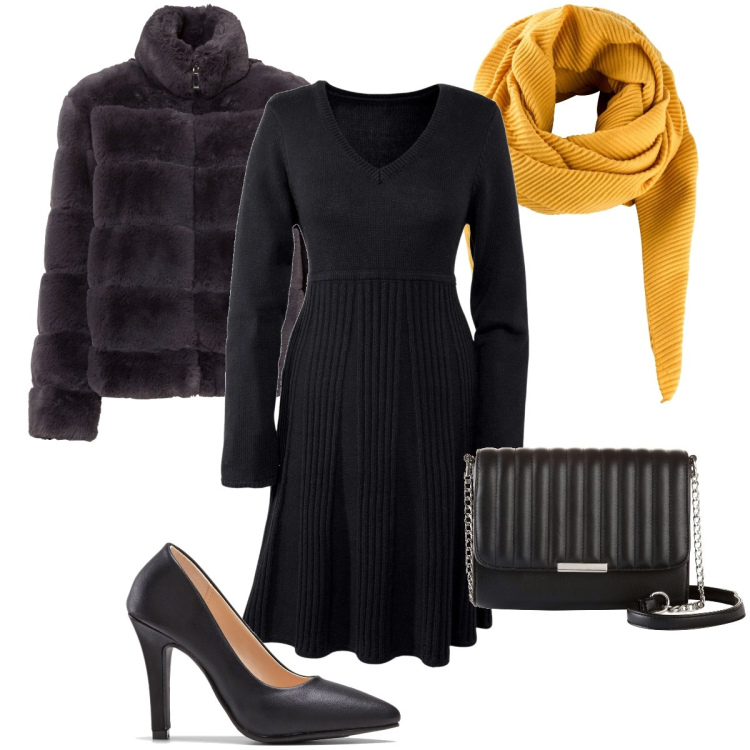 Outfit donna - Un tocco di giallo. Stile Bon Ton per Serata fuori. Abbinamento con vestiti, foulard, ecopellicce, décolleté, borse a tracolla.