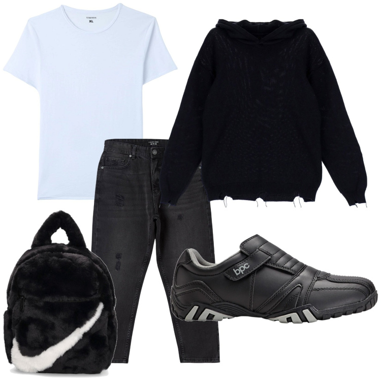 Outfit uomo - Total look #1823827. Stile Urban per Tutti i giorni. Abbinamento con scarpe stringate, jeans strappati, t-shirt, felpe con cappuccio, borse sportive.