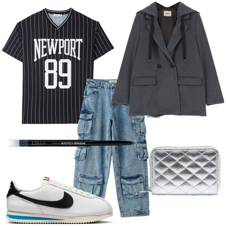 Outfit donna - Molto Urban. Stile Urban per Tutti i giorni. Abbinamento con eyeliner, jeans, portafogli, t-shirt, cappotti, sneakers.