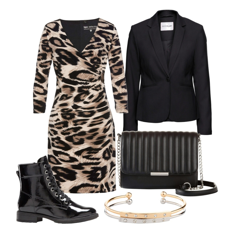 Outfit donna - Ghost outfitter - febbraio. Stile Trendy per Serata fuori. Abbinamento con blazer, vestiti, stivaletti, borse a tracolla, braccialetti.