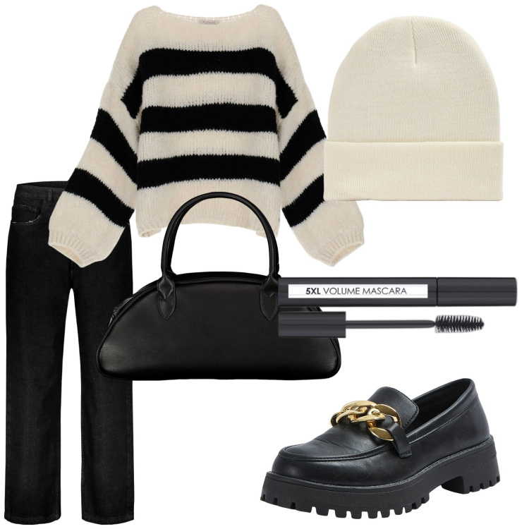 Outfit donna - Total look #1823841. Stile Casual per Tutti i giorni. Abbinamento con mascara, mocassini, berretti, maglieria, jeans, borse a spalla.