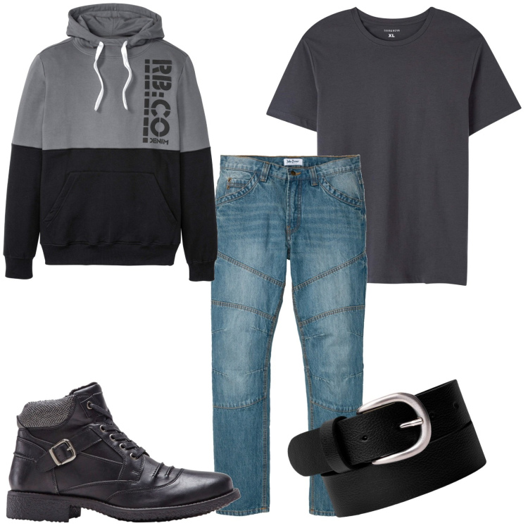 Outfit uomo - Felpa con cappuccio e jeans. Stile Urban per Tutti i giorni. Abbinamento con felpe con cappuccio, jeans dritti, stivali e stivaletti, t-shirt, cinture.