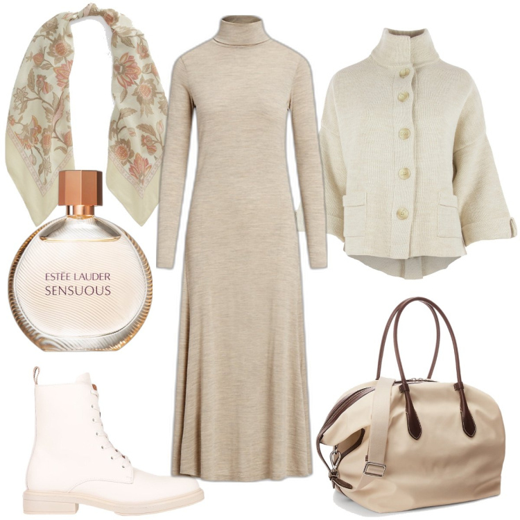 Outfit donna - Total look #1823854. Stile Romantica Abbinamento con stivaletti, profumi, borse tote, vestiti, foulard, blazer.