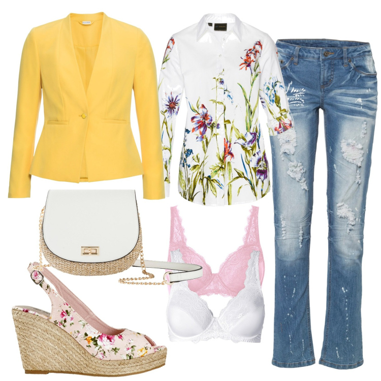 Outfit donna - Primavera in anticipo. Stile Casual per Serata fuori. Abbinamento con jeans strappati, blazer, borse a tracolla, camicie, décolleté, reggiseni.