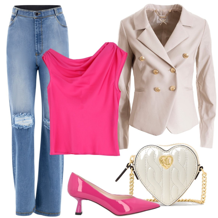 Outfit donna - Comoda e chic. Stile Casual chic per Tutti i giorni. Abbinamento con décolleté, blazer, canottiere, jeans strappati, pochette.