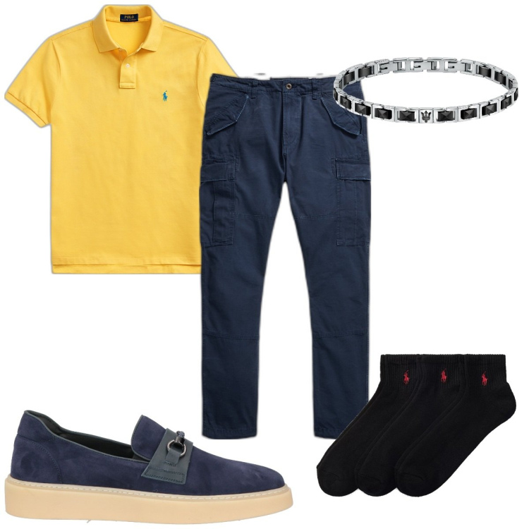 Outfit uomo - Total look #1823879. Stile Trendy per Tutti i giorni. Abbinamento con scarpe stringate, braccialetti, polo, calzini, pantaloni cargo.
