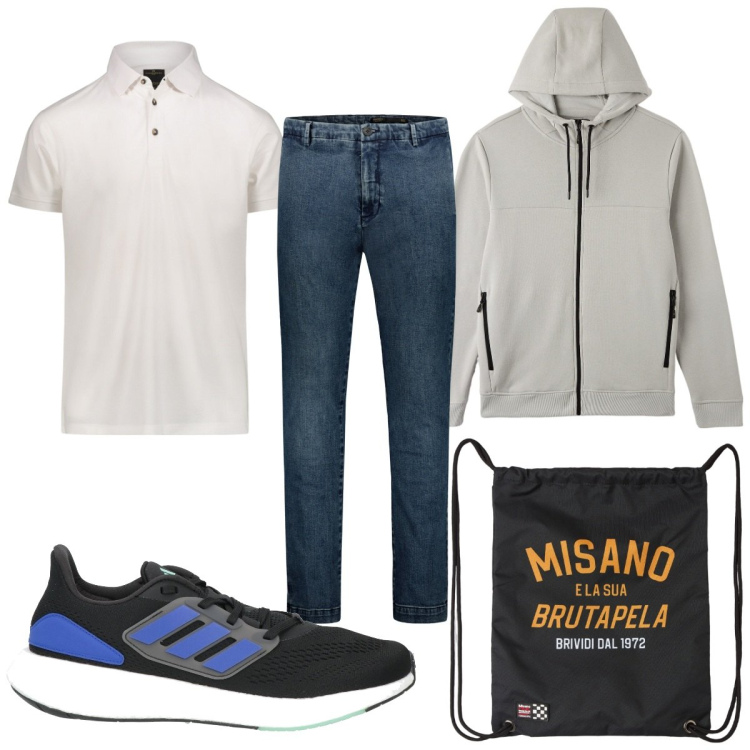 Outfit uomo - Total look #1823881. Stile Trendy per Tutti i giorni. Abbinamento con sneakers, borse sportive, felpe con cappuccio, polo, jeans.