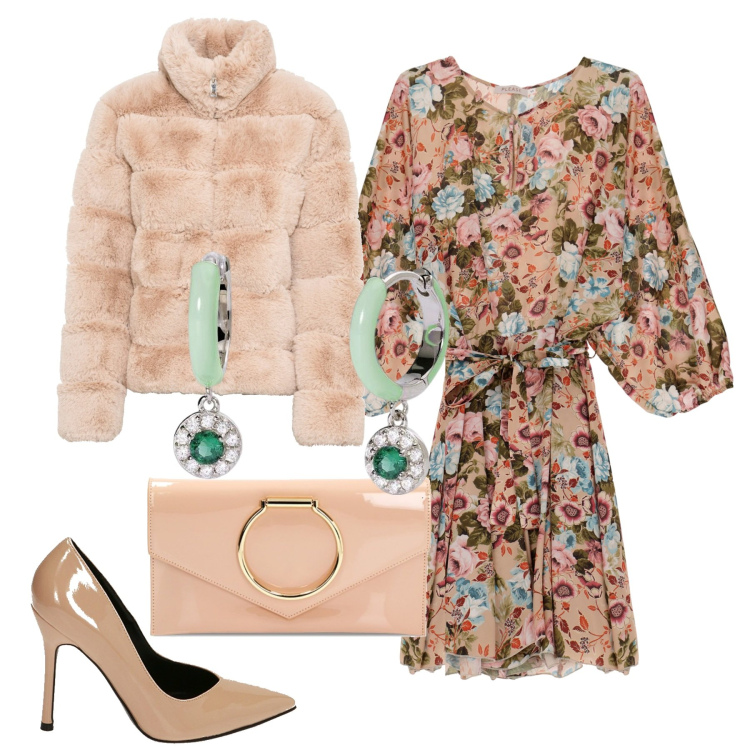 Outfit donna - Miniabito fantasia. Stile Glamour per Serata fuori. Abbinamento con ecopellicce, vestiti corti, orecchini, décolleté, pochette.
