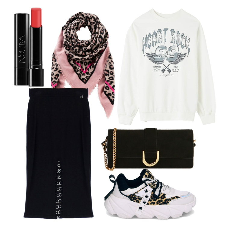 Outfit donna - Ghost outfitter - febbraio. Stile Casual chic per Tutti i giorni. Abbinamento con foulard, rossetti, felpe, sneakers, pochette, gonne longuette.