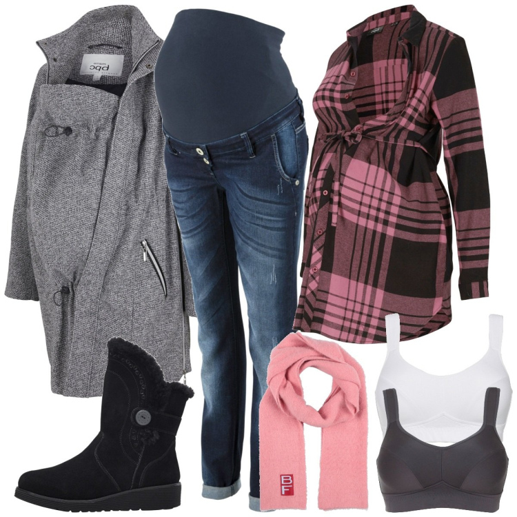 Outfit donna - Outfit premaman. Stile Basic per Tutti i giorni. look ideale per Premaman. Abbinamento con reggiseni, stivali, jeans boyfriend, camicie, blazer, sciarpe.