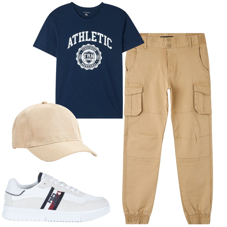 Outfit uomo - I cargo Terranova. Stile Urban per Tutti i giorni. Abbinamento con sneakers, t-shirt, pantaloni cargo, cappelli.