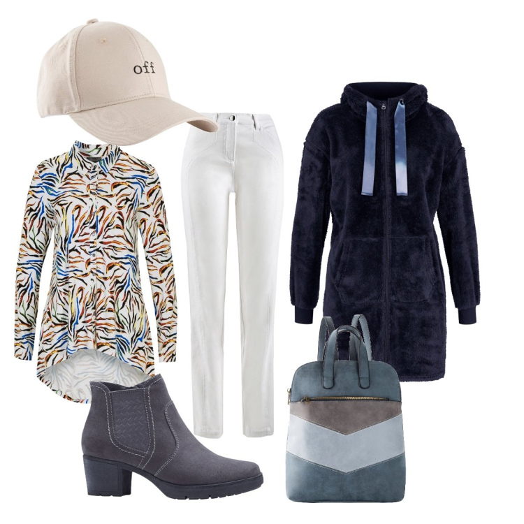 Outfit donna - Bianco e blu classico primaverile. Stile Casual chic per Serata fuori. Abbinamento con stivaletti, cappelli con visiera, cappotti, polo, pantaloni sportivi, zaini.