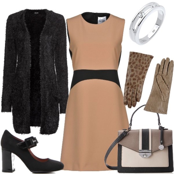 Outfit donna - Il guanto maculato. Stile Bon Ton per Tutti i giorni. Abbinamento con cardigans, vestito corto a trapezio fantasia collo tondo con zip interno foderato elasticizzato, guanti fantasia interno foderato, anelli, décolleté, borsa a mano nero.
