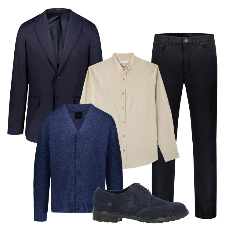 Outfit uomo - Business casual. Stile Casual per Ufficio. Abbinamento con scarpe stringate, camicie, pantaloni, cardigans, giacche.
