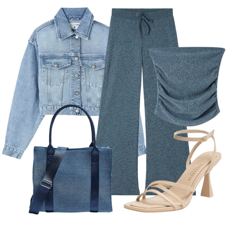 Outfit donna - Terranova blue. Stile Casual per Tutti i giorni. Abbinamento con pantaloni, top, sandali col tacco, shopping bag, blazer.
