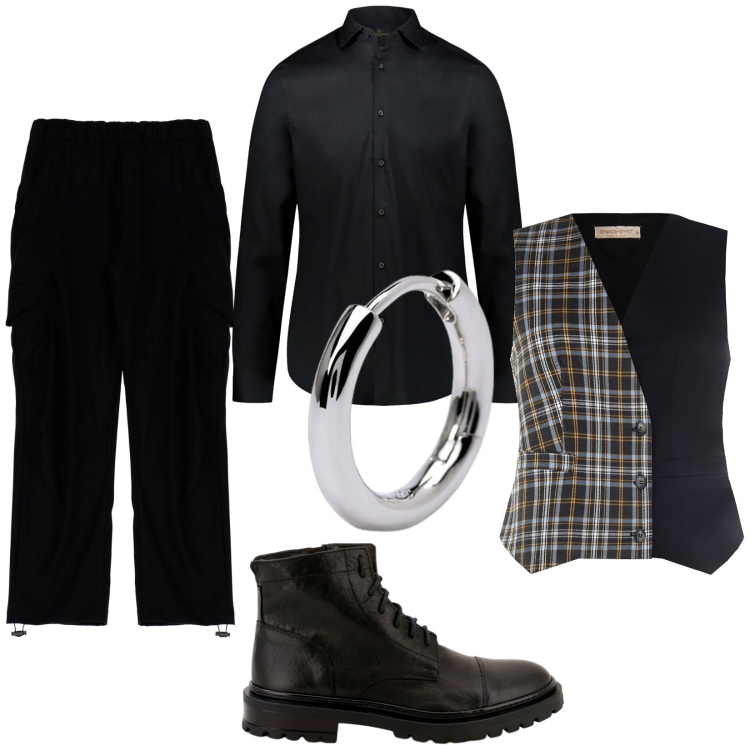 Outfit uomo - Total look #1823970. Stile Trendy per Serata speciale. Abbinamento con orecchini, scarpe stringate, pantaloni cargo, gilet, camicie.