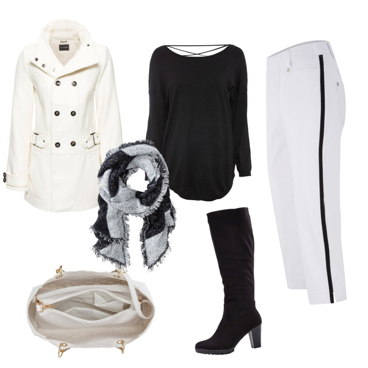 Outfit donna - I pantaloni con la riga. Stile Casual chic per Serata fuori. Abbinamento con maglieria, stivali, pantaloni, blazer, borse a mano, sciarpe.