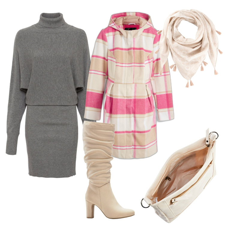 Outfit donna - Una pizza con gli amici. Stile Casual chic per Serata fuori. Abbinamento con vestiti, foulard, blazer, borse a tracolla, stivali sopra il ginocchio.