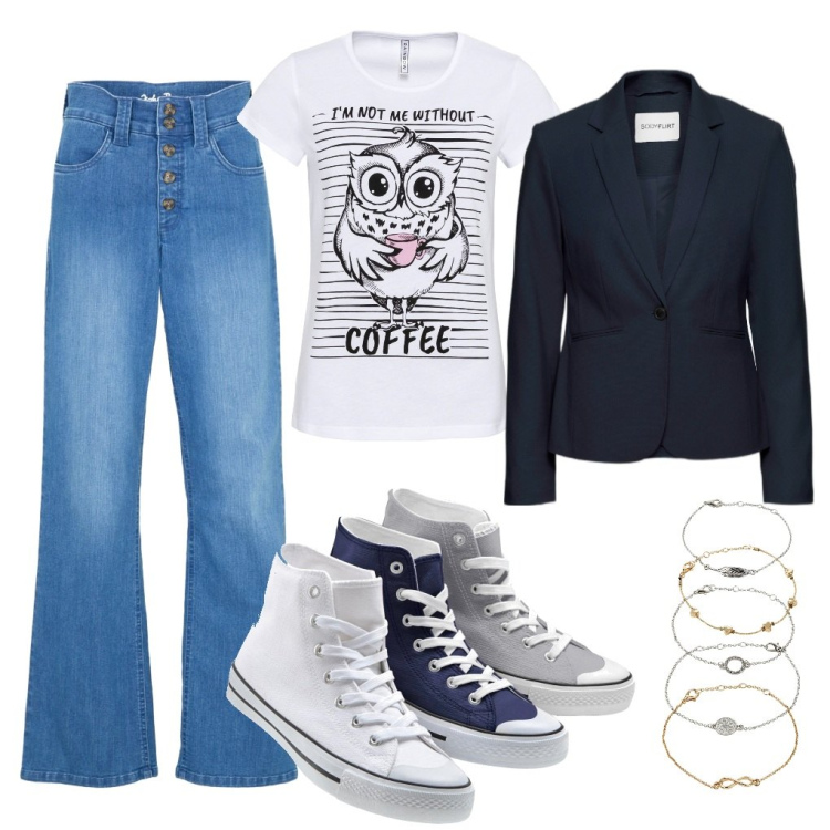 Outfit donna - Lorenza: uno, due, tre. Stile Urban per Serata fuori. Abbinamento con blazer, t-shirt sportive, braccialetti con ciondoli, jeans dritti, sneakers alte.