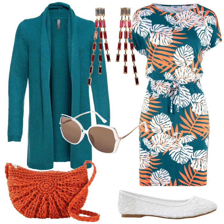Outfit donna - BONPRIX Primavera. Stile Chic per Serata fuori. Abbinamento con cardigans, ballerine, orecchini, vestiti, borse a tracolla, occhiali da sole.