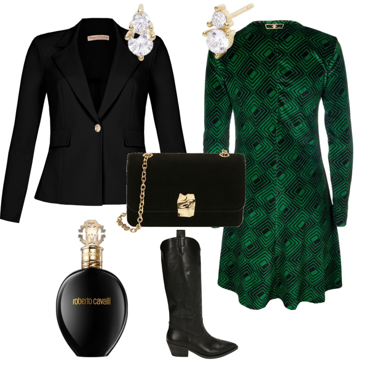 Outfit donna - Chic per una serata. Stile Chic per Serata fuori. Abbinamento con profumi, orecchini, vestiti, stivali, borse a tracolla, cappotti.