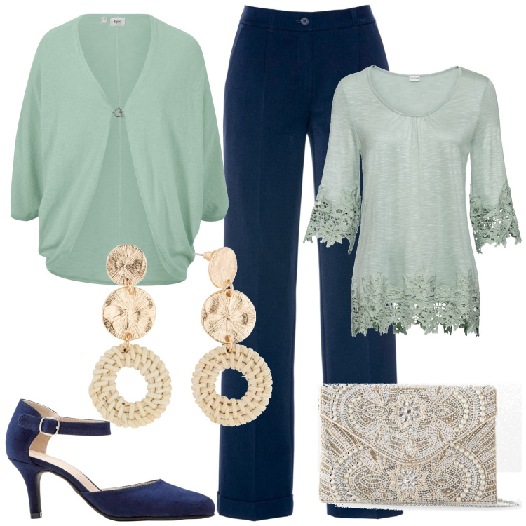 Outfit donna - BONPRIX serata fuori. Stile Chic per Serata fuori. Abbinamento con pantaloni, cardigans, décolleté, pochette, orecchini, maglieria.
