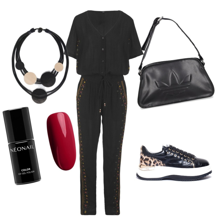 Outfit donna - In tuta ma con un tocco chic. Stile Sporty chic per Tutti i giorni. Abbinamento con tute, smalti, sneakers, collane, borse a tracolla.