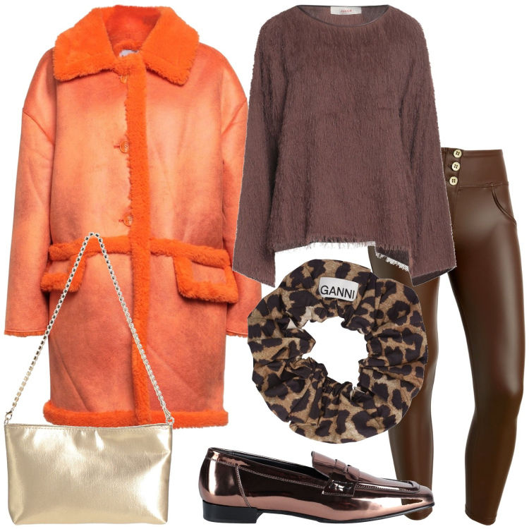 Outfit donna - Inverno. Stile Casual per Tutti i giorni. Abbinamento con top, cappotti, borse a mano, mocassini, pantaloni skinny, accessori per capelli.