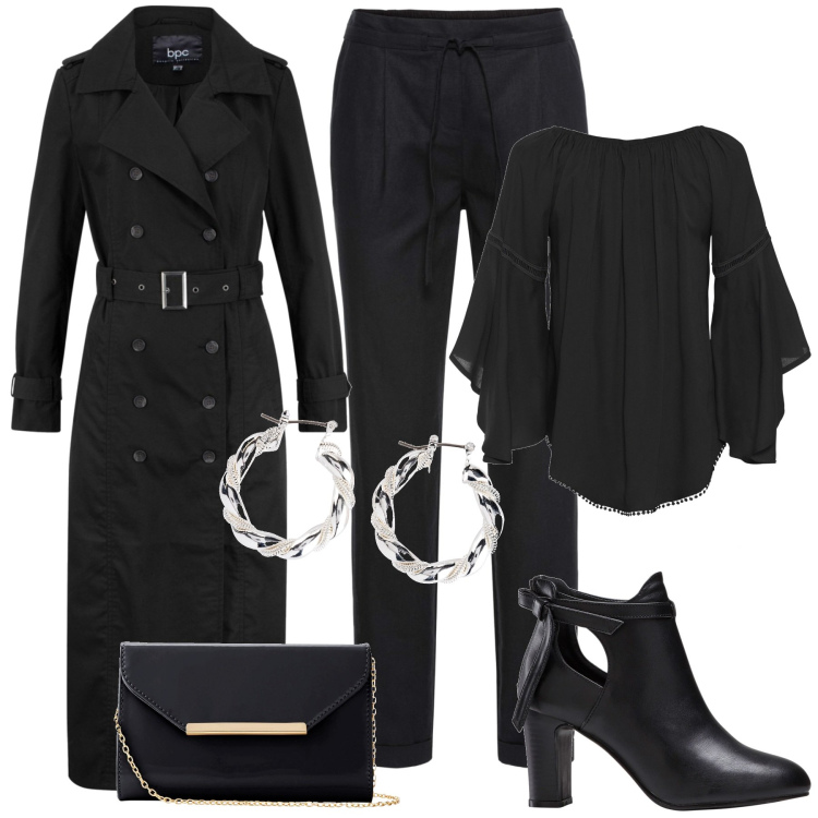 Outfit donna - BonPrix total black. Stile Chic per Serata fuori. Abbinamento con bluse, pantaloni, stivaletti, orecchini, trench, pochette.