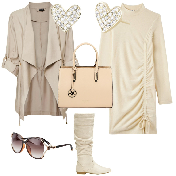 Outfit donna - Casual chic toni beige. Stile Casual chic per Tutti i giorni. Abbinamento con occhiali da sole, blazer, stivali, orecchini, vestiti corti, borse a mano.