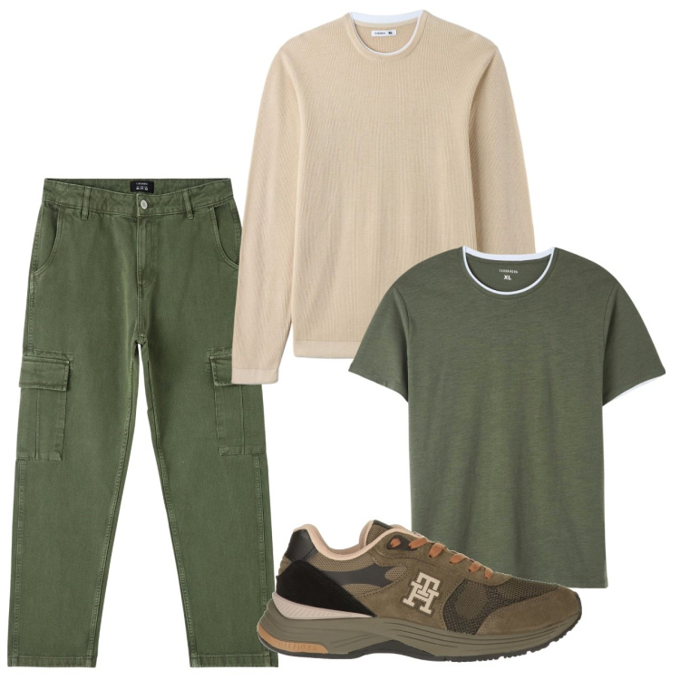 Outfit uomo - Trendy casual. Stile Casual per Tutti i giorni. Abbinamento con sneakers, t-shirt, maglieria, pantaloni cargo.