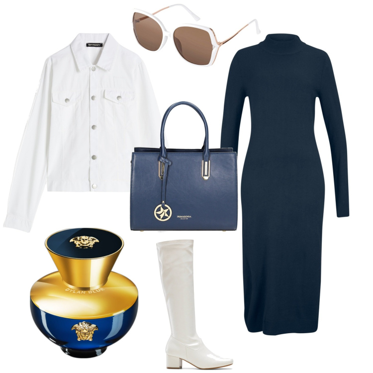 Outfit donna - Sporty chic bianco e blu. Stile Sporty chic per Ufficio. Abbinamento con vestiti, stivali, occhiali da sole, profumi, borse a mano, blazer.