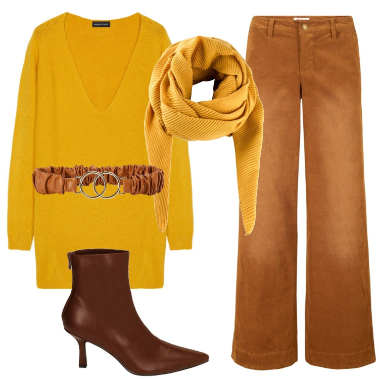 Outfit donna - Alla moda. Stile Casual chic per Tutti i giorni. Abbinamento con pantaloni, foulard, cinture, stivaletti, maglieria.