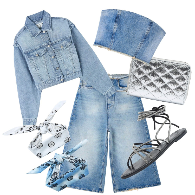 Outfit donna - Jeans wide leg. Stile Casual per Tutti i giorni. Abbinamento con jeans, top, sandali alla schiava, portafogli, blazer, fasce per capelli.