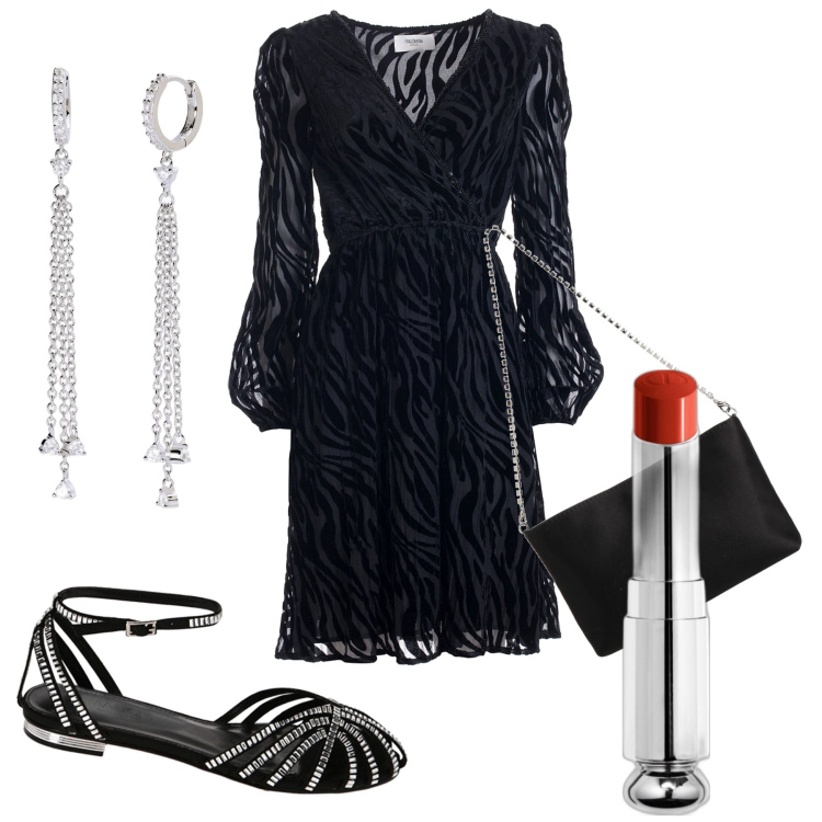 Outfit donna - Eleganza senza tacchi. Stile Chic per Serata fuori. Abbinamento con borse a mano, rossetti, orecchini, vestiti midi/longuette, ballerine.