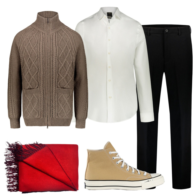 Outfit uomo - La pashmina rossa. Stile Casual per Tutti i giorni. Abbinamento con sneakers alte, sciarpe, camicie, cardigans, pantaloni.