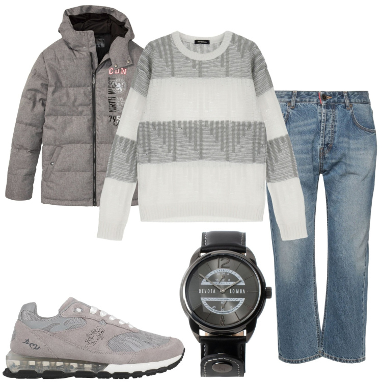 Outfit uomo - Il grigio nel fine settimana. Stile Urban per Tutti i giorni. Abbinamento con giacche, jeans dritti, sneakers, orologi, pullovers.