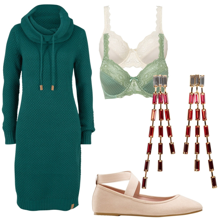Outfit donna - Comoda a casa. Stile Casual per Serata fuori. Abbinamento con vestiti, reggiseni, orecchini, ballerine.