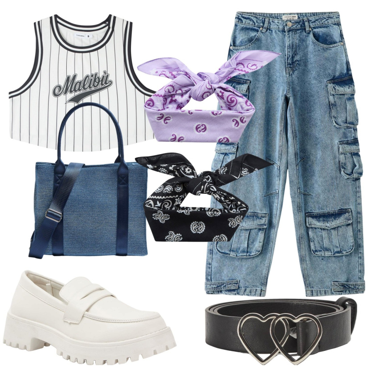 Outfit donna - Total look #1824123. Stile Urban per Tutti i giorni. Abbinamento con canottiere, jeans, fasce per capelli, cinture, mocassini, shopping bag.