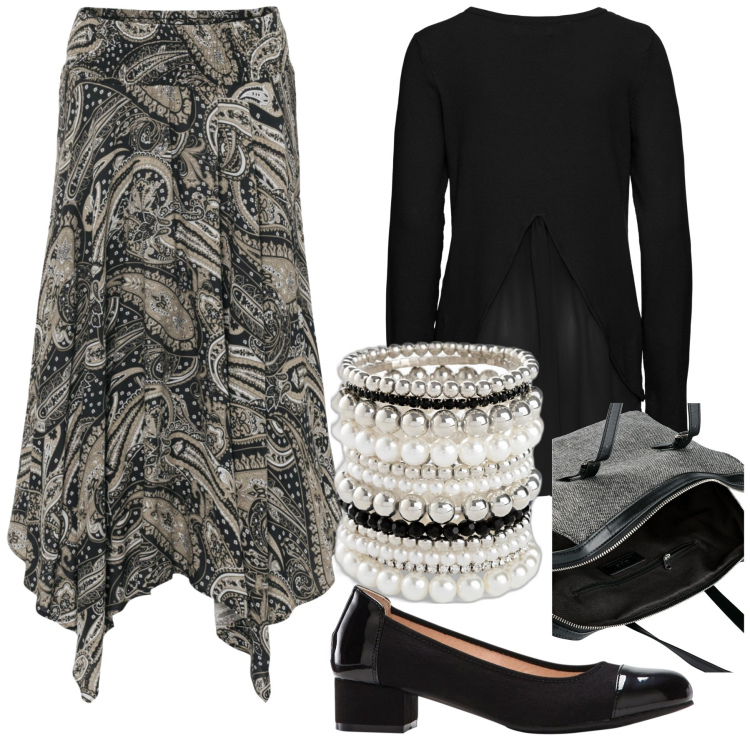 Outfit donna - Bonprix curvy. Stile Bon Ton per Serata fuori. Abbinamento con gonne longuette, braccialetti, borse a mano, maglieria, décolleté.