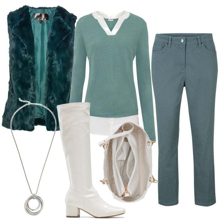 Outfit donna - In ufficio con colori naturali. Stile Casual chic per Serata fuori. Abbinamento con pantaloni, maglieria, gilet, borse a mano, stivali, collane.