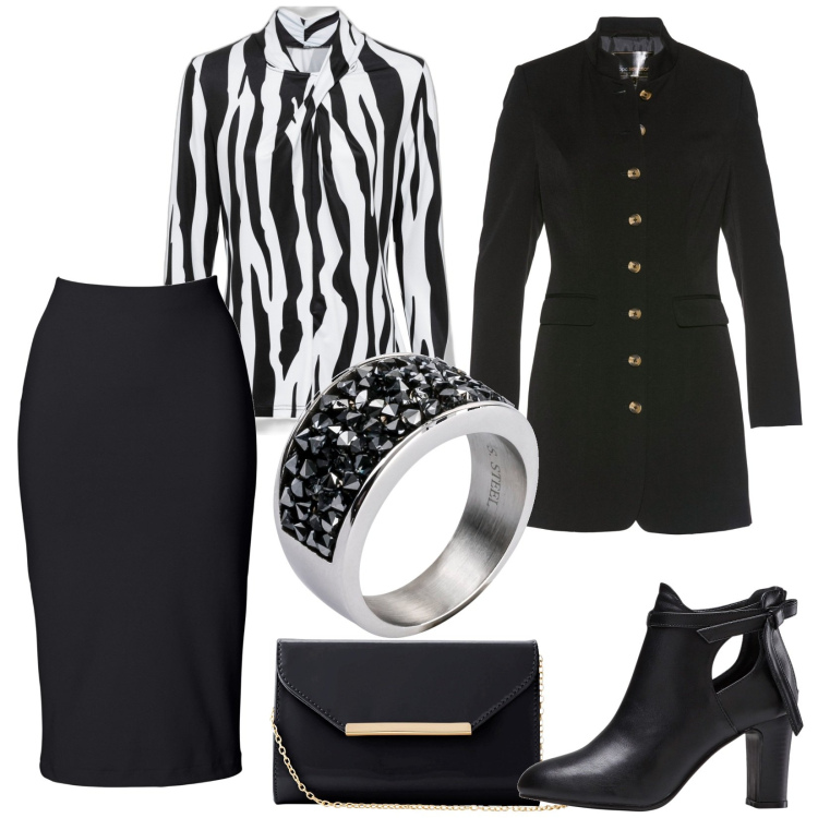 Outfit donna - Serata fuori in bianco e nero. Stile Chic per Serata fuori. Abbinamento con gonne longuette, anelli, blazer, maglieria, stivaletti, pochette.